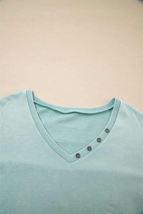 Mineral Wash Snap Trim V Neck Exposed Seam Drop Shoulder Curved Hem Long Sleeve Top